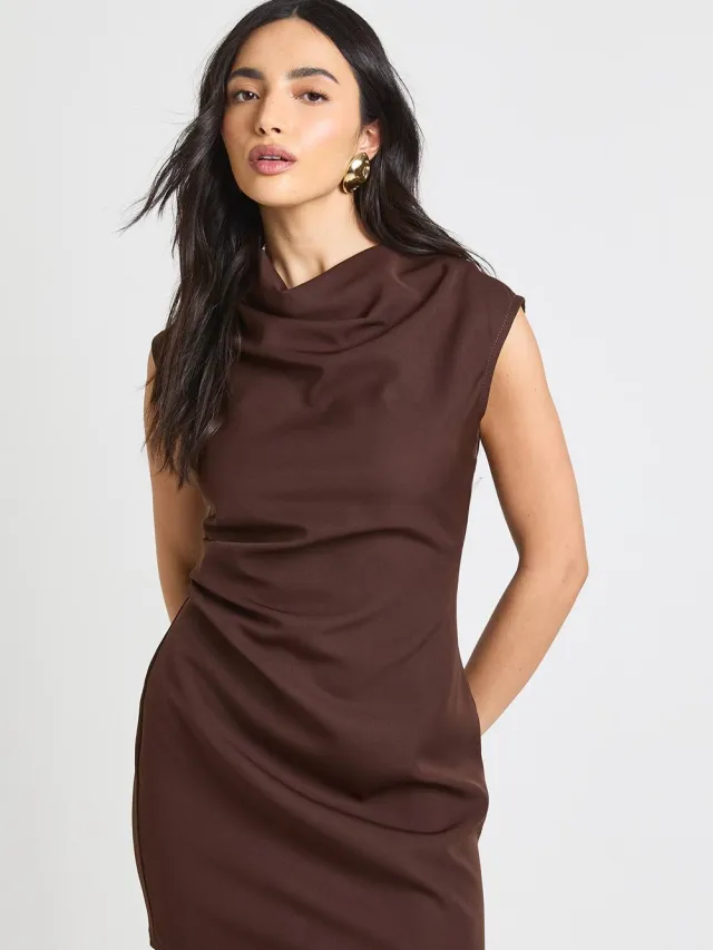 boohoo Dames Mini Jurk Met Waterval Halslijn En Plooi Detail espresso, foto 2