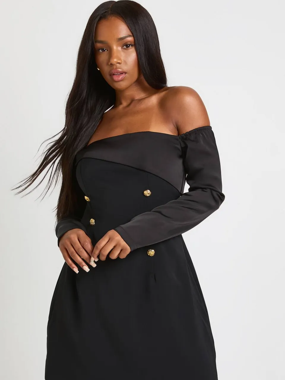 boohoo Dames Bardot lange mouwen getailleerde mini-jurk zwart, foto 2