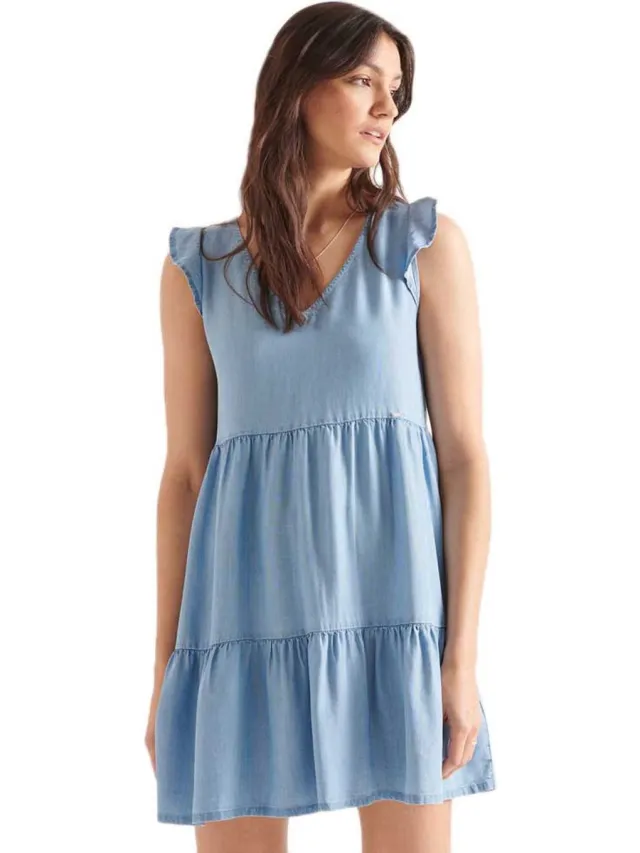 Superdry Tinsley Tiered Mouwloze Korte Jurk Blauw M Vrouw Mid Wash Blue