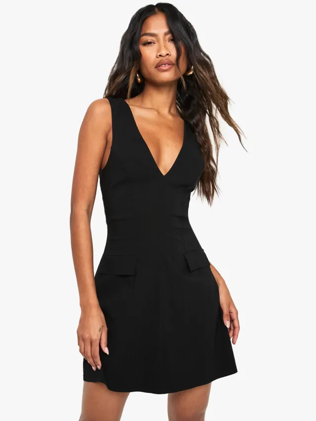 boohoo Dames Bengaline Plunge Shift Mini-jurk Zwart