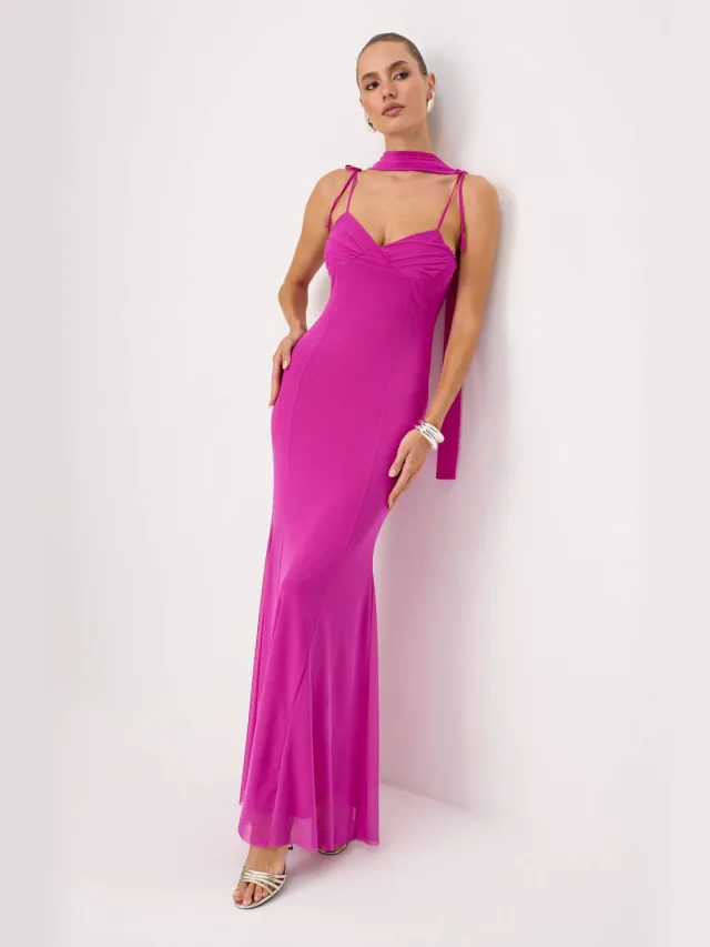 Trendyol TRENDYOLMİLLA Dames Roze Effen Maxi Mouwloos Zeemeermin Avond & Gala Jurk Fuchsia