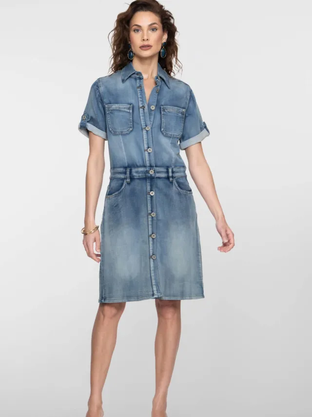 Geisha denim spijkerjurk met omslagdetail en riemlussen mediumblauw medium blue denim