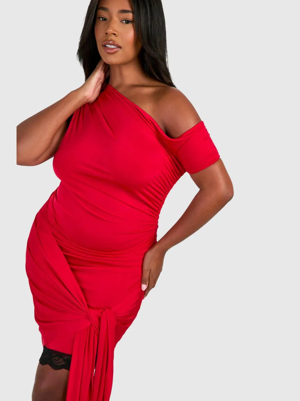 boohoo Dames Plus kantenaccent off-shoulder tie mini-jurk rood, foto 3
