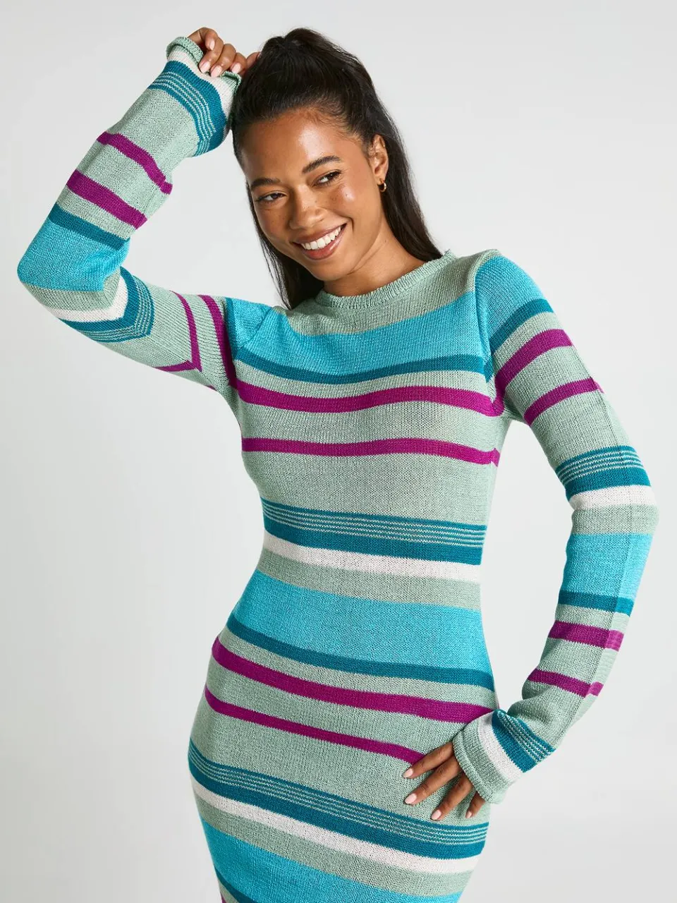 boohoo Dames Gebreide Maxi Jurk Met Lange Mouwen En Slash Hals Verstandig