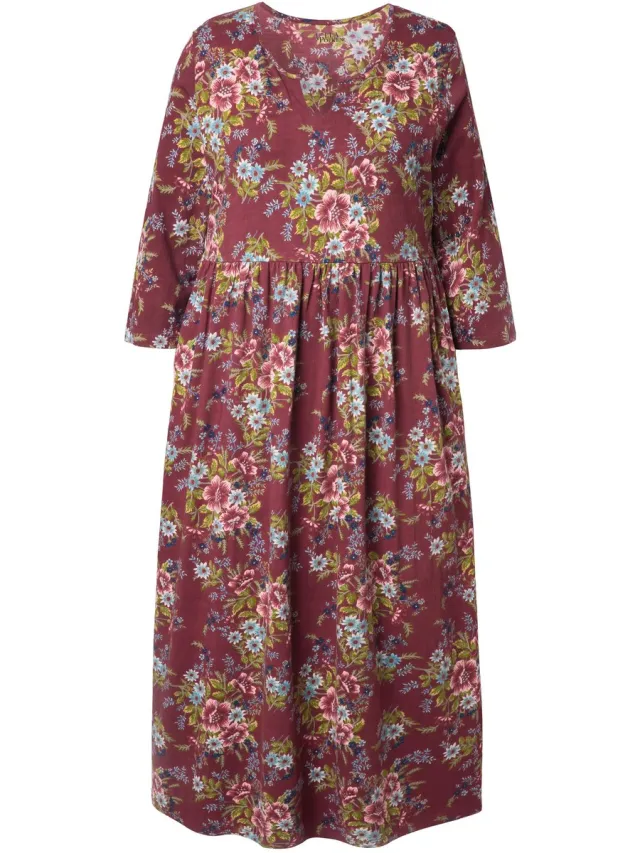 Ulla Popken Dames - Jersey maxi-jurk bloemen A-lijn tuniekhals 3/4-mouwen - Bordeaux - Maat 58+