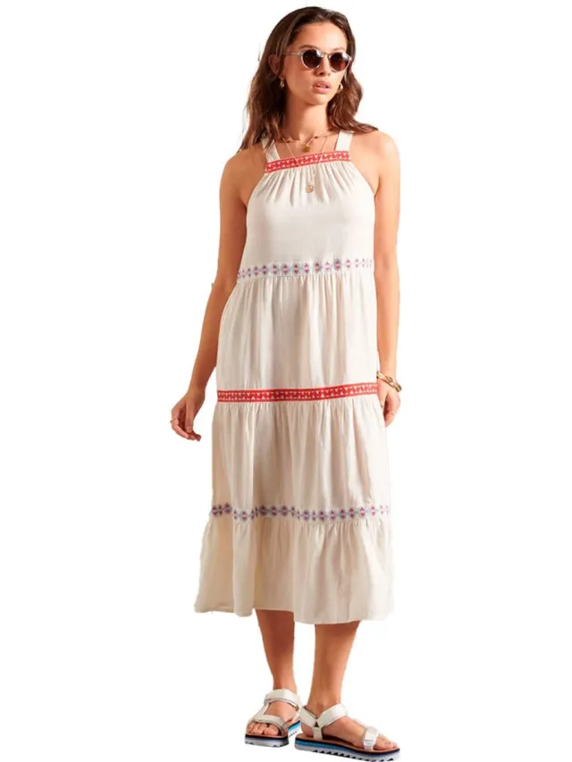 Superdry Sleeveless Embroidered Jurk Beige S Vrouw Buttercream