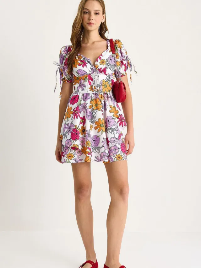 Bianco Lucci Bedrukte V-hals Midi-jurk met Uitsnijding Fuchsia