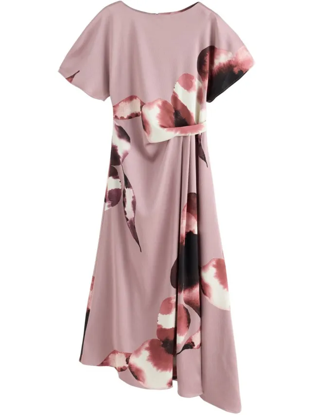 Next Dames - Getextureerde satijnen midi-jurk met korte mouwen en rimpels opzij - Roze Pink Floral Print
