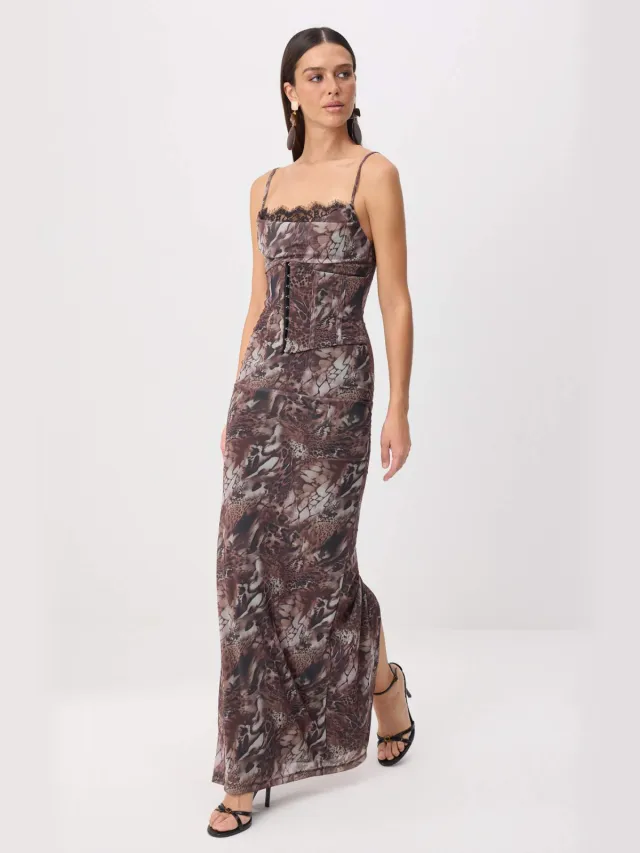 Trendyol TRENDYOLMİLLA Dames Bruin Dierenprint Maxi Mouwloos Recht Avond & Gala Jurk