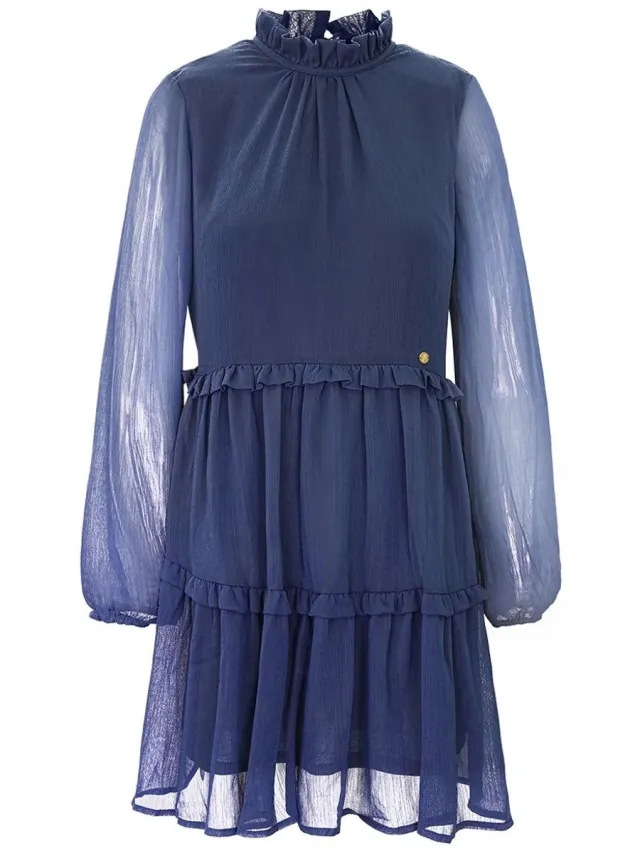 YW YEHWANG YWG - Polyester Vrouwen Midi Jurk Gelaagde Plooien Ontwerp - Blauw