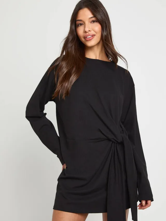 boohoo Dames Mini-jurk met lange mouwen en een strikknoop op de taille Zwart