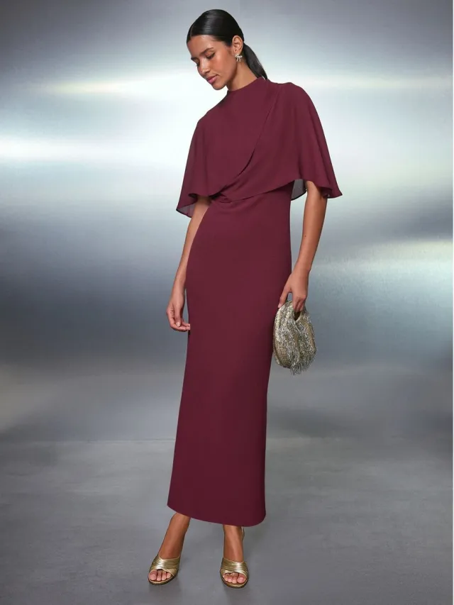 Next Dames - Lange doorschijnende jurk met cape - Rood Berry Red