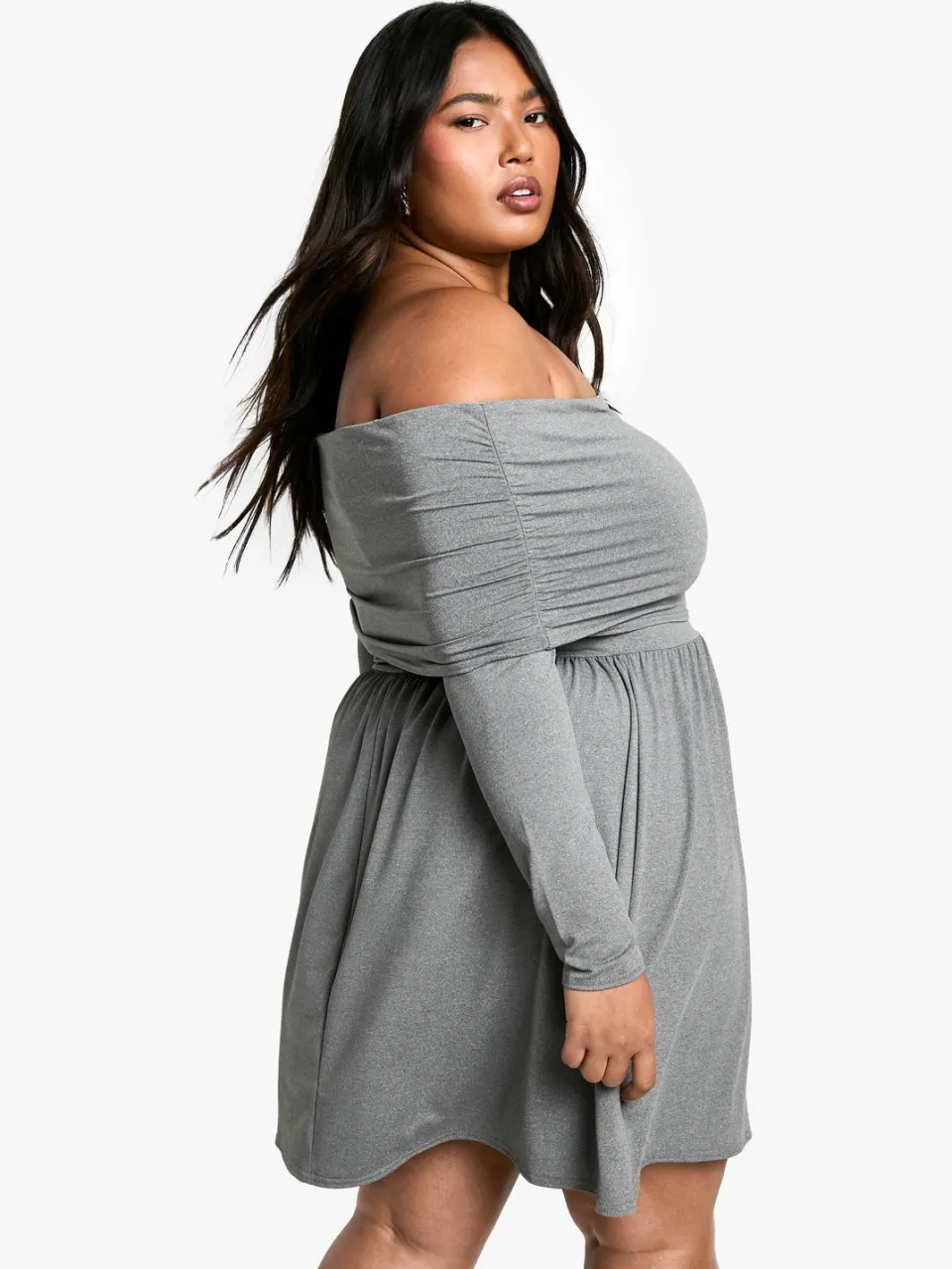 boohoo Dames Plus Jersey Off Shoulder Skater Jurk grijze mergel, foto 2