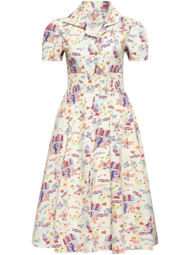 QUEEN KEROSIN dames Aop vintage retro swingjurk ''Amsterdam'' QKU46011 Off White
