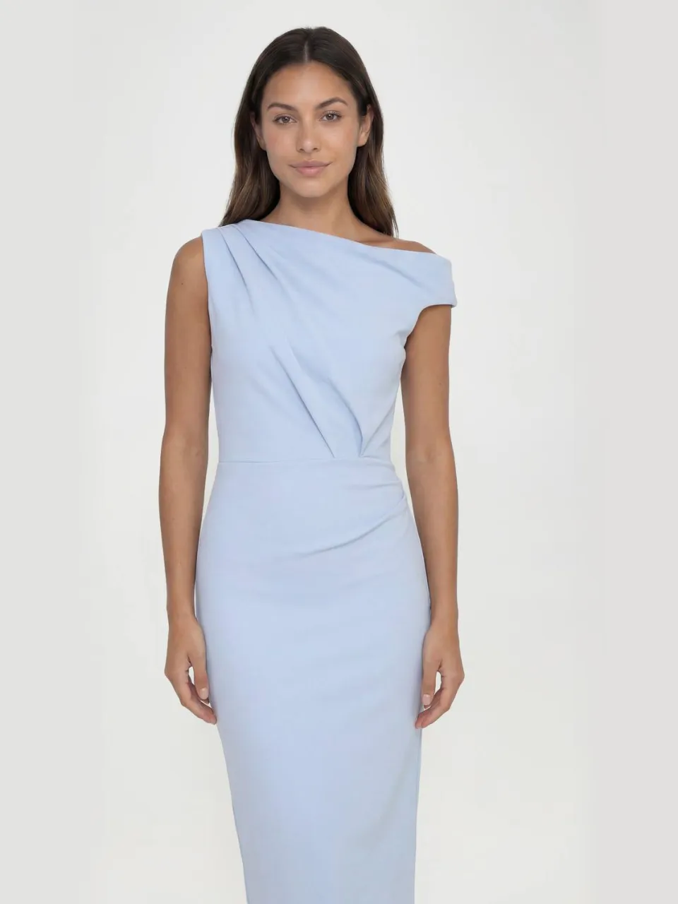 boohoo Dames Lange Jersey Crepe Jurk Met Gedrapeerde Schouder Midaxi pastelblauw, foto 2