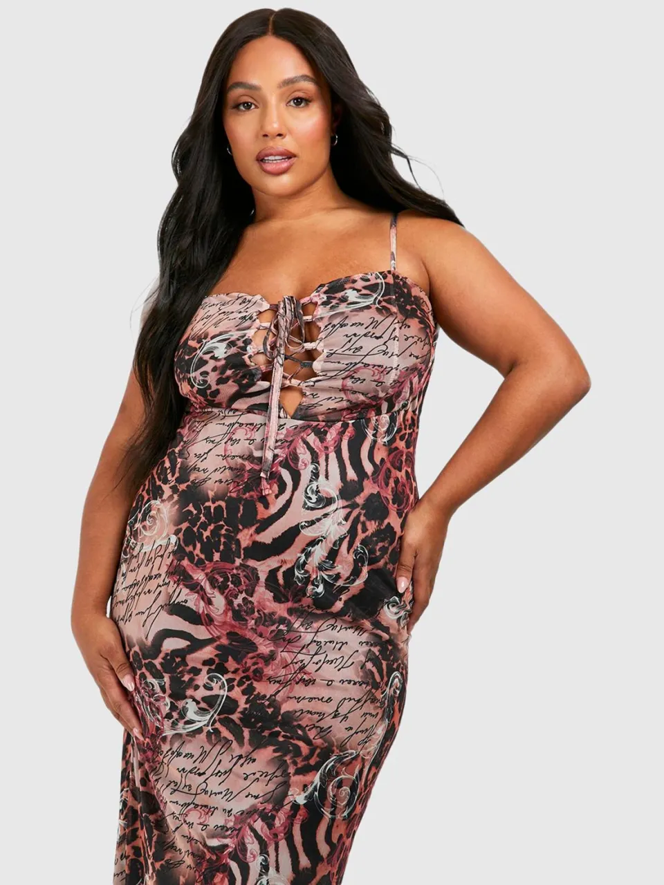 boohoo Dames Plus Mesh Gemengd Luipaardprint Gespante Corset Detail Cami Midi Jurk multicolor, foto 4