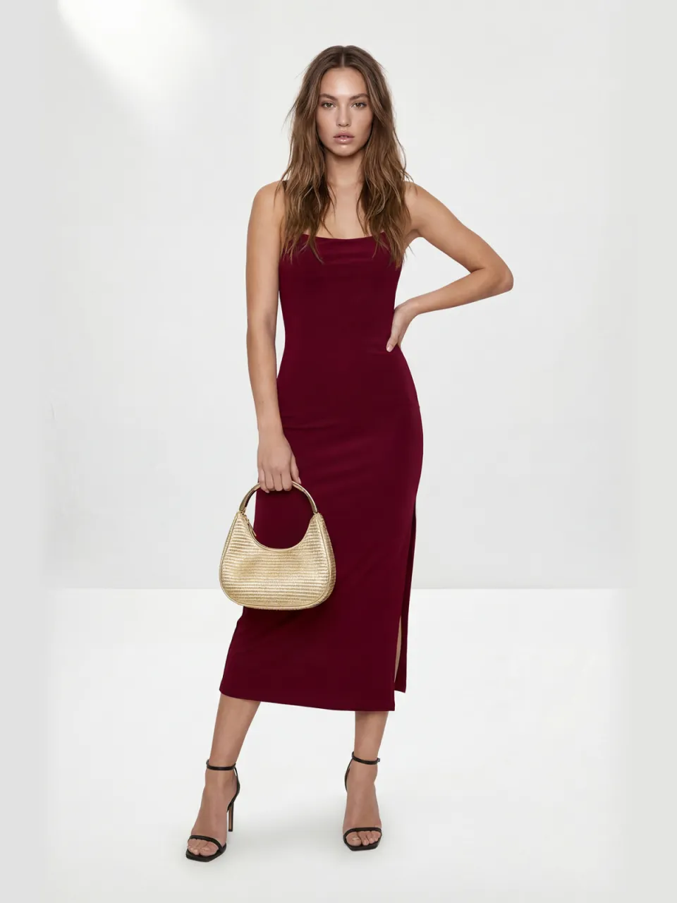 Trendyol TRENDYOLMİLLA Dames Bordeaux Effen Midi Mouwloos Bodycon Jurken Bordeauxrood