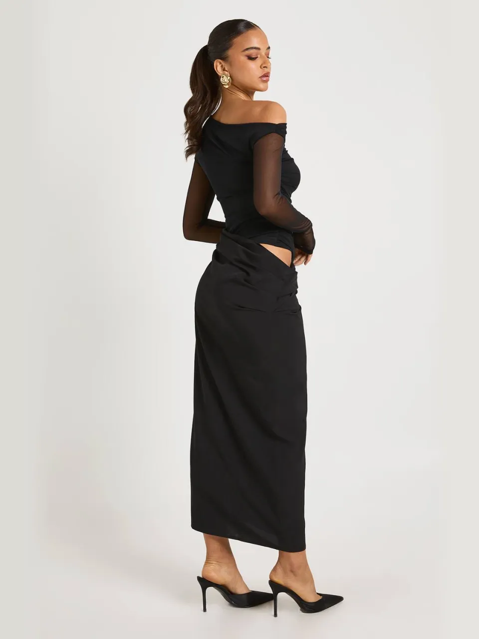 boohoo Dames Mesh Mix Draped Midaxi Jurk zwart, foto 2