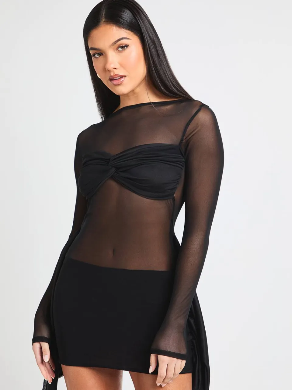 boohoo Dames Minijurk in mesh met wikkelstijl en knoopdetail zwart, foto 4