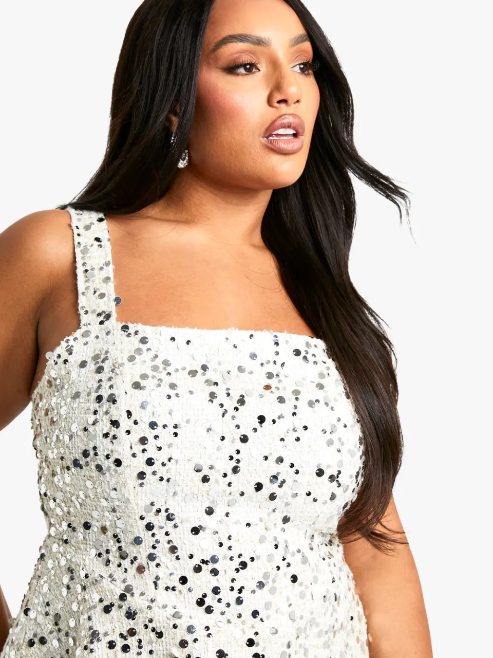 boohoo Dames Plus pailletten Milkmaid Skaterjurk crème, foto 4