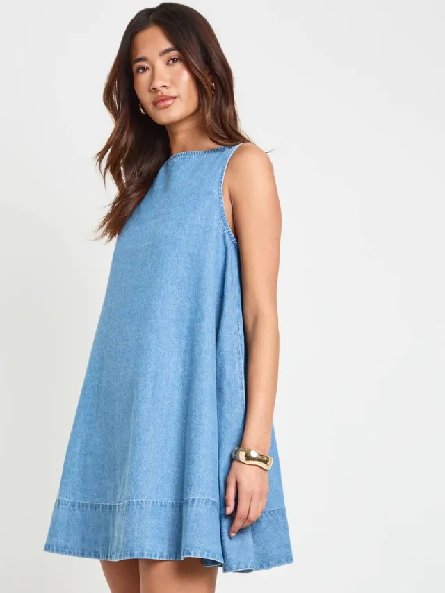 boohoo Dames Chambray Racer Swing Jurk medium gebleekt, foto 3