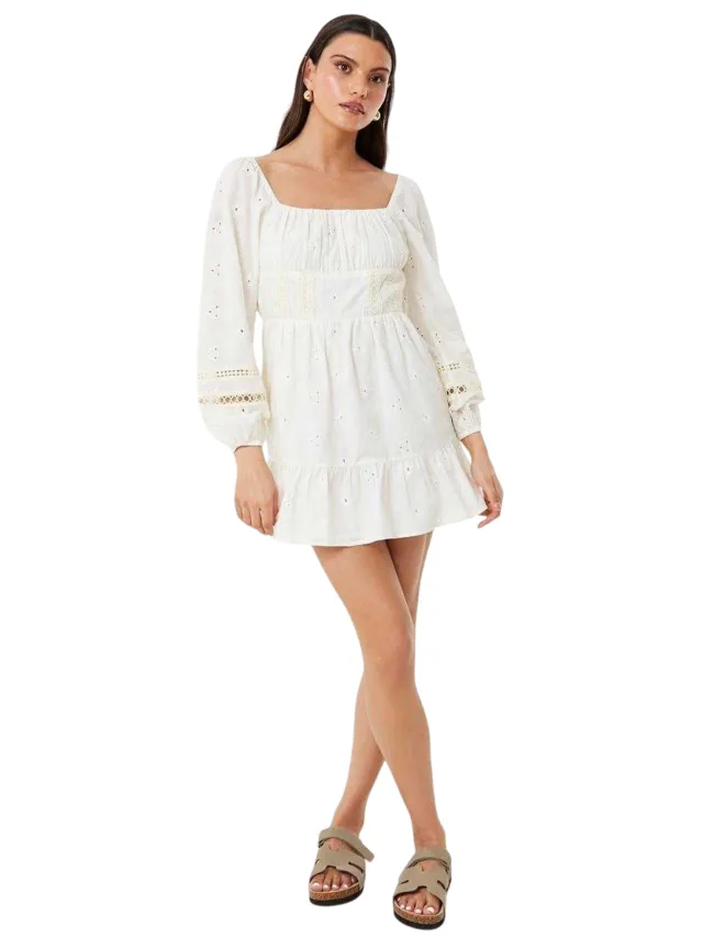 Jack Wills Boho-mini-jurk met borduurwerk en lange mouwen voor dames (Vintage Wit) Marineblauw