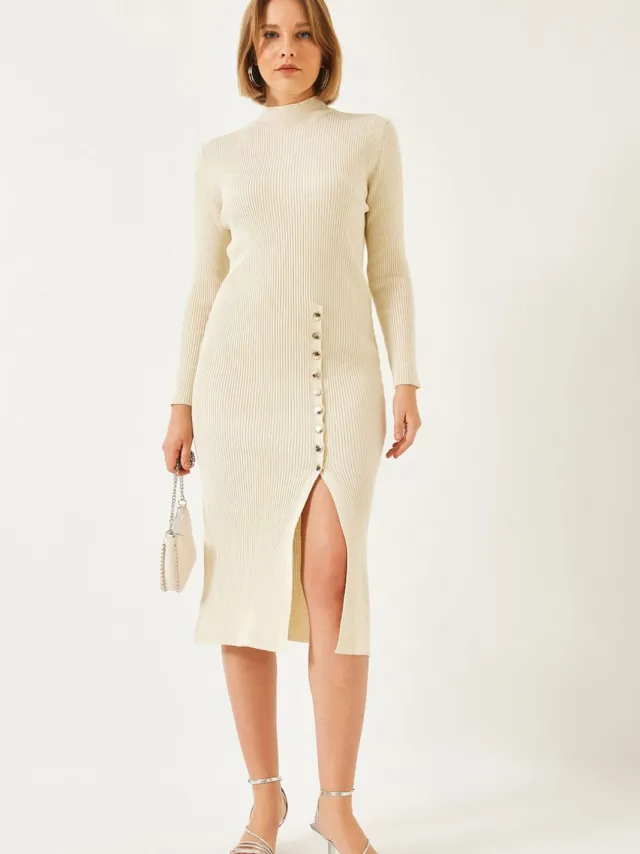 Bianco Lucci Geribde Structuur Col Midi Gebreid Jurk Beige