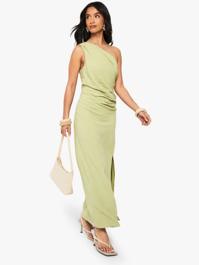 boohoo Dames Petite Maxi-jurk met linnenlook en gedrapeerde band op de rug Groente