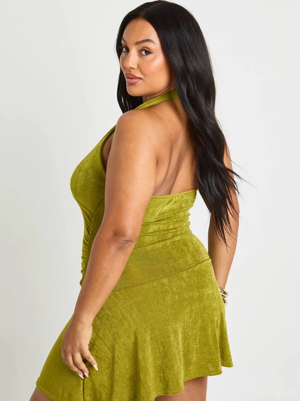 boohoo Dames plus getextureerde slinky mini-jurk met drop hem chartreuse, foto 3