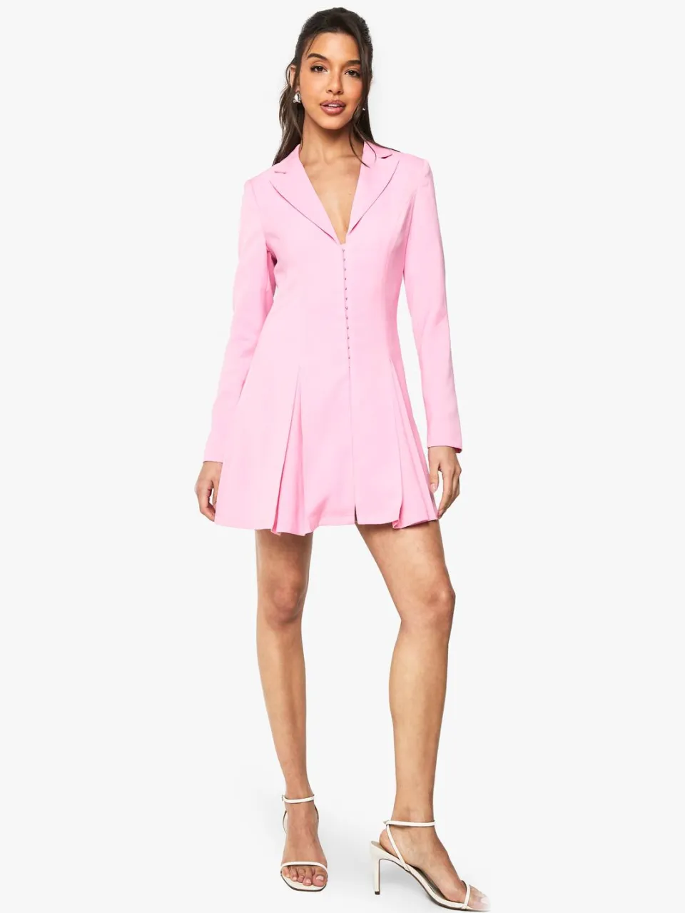 boohoo Dames Maatgemaakte blazerjurk met haak- en oogdetail en getailleerde taille roze, foto 3
