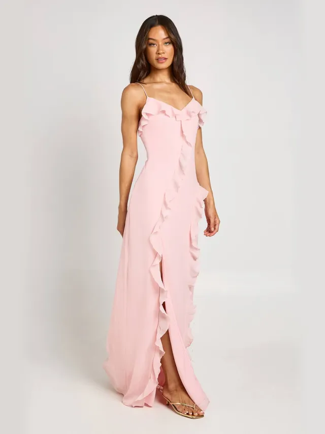 boohoo Dames Lange Chiffon Maxi Jurk Met Ruche Detail Stoffig Roze