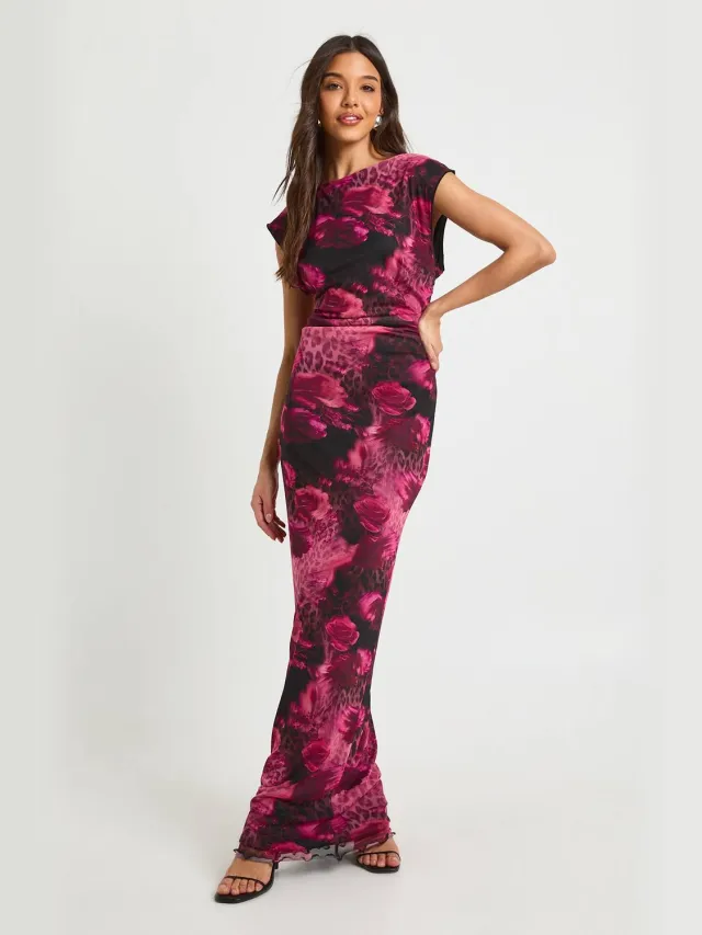 boohoo Dames Gemixte Bloemenprint Geplooide Taille Mesh Maxi Jurk Roze