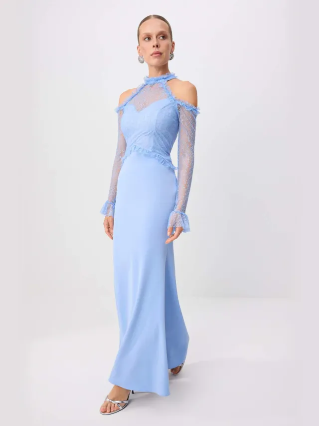 Trendyol TRENDYOLMİLLA Dames Blauw Effen Maxi Lang Diploma-uitreiking / Gala Zeemeermin Avond & Gala Jurk