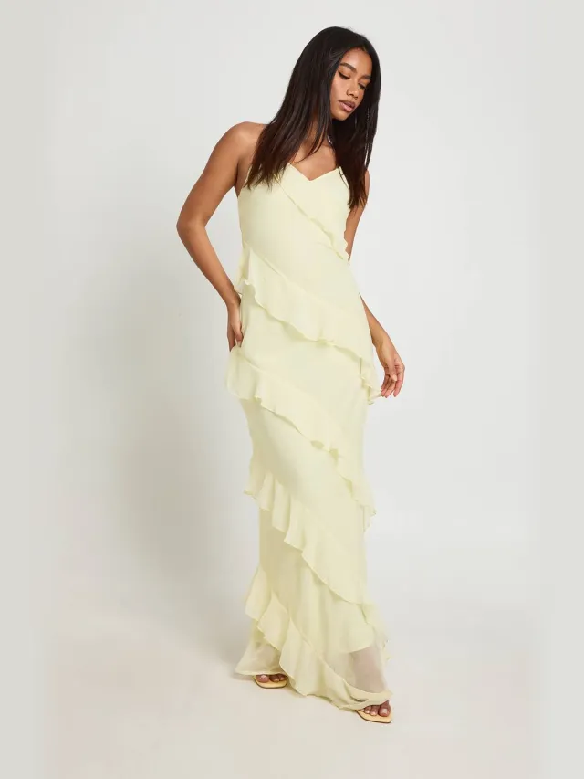 boohoo Dames Chiffon Maxi Jurk Met Ruche Detail Citroen
