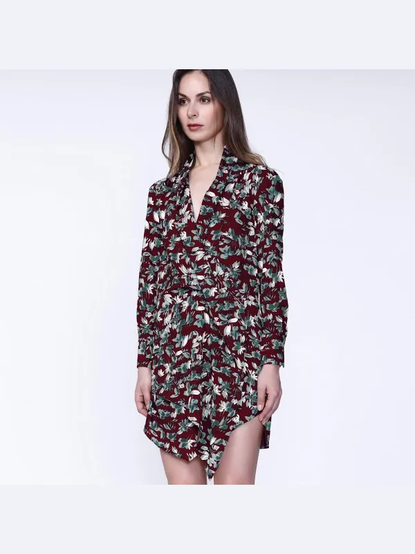 Smart & Joy Kort drape -effectjurk met bladafdruk Bordeauxrood