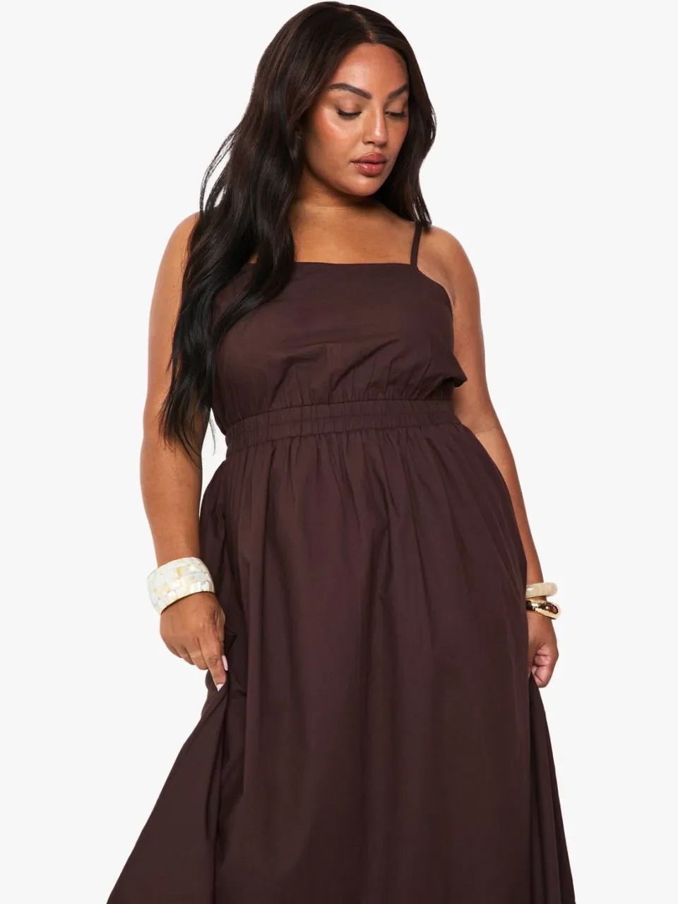 boohoo Dames Plus Katoen Poplin Midaxi Jurk chocoladebruin, foto 2