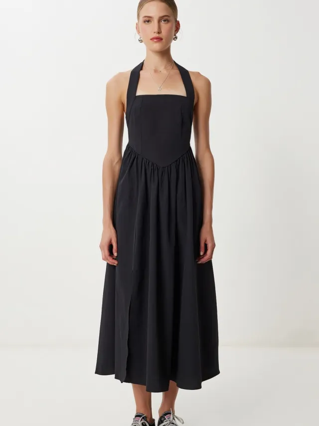 Happiness Istanbul Slim Fit Midi-jurk met Vierkante Kraag Zwart