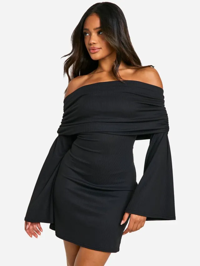 boohoo Dames Slouchy Bardot Rib Mini Jurk Zwart