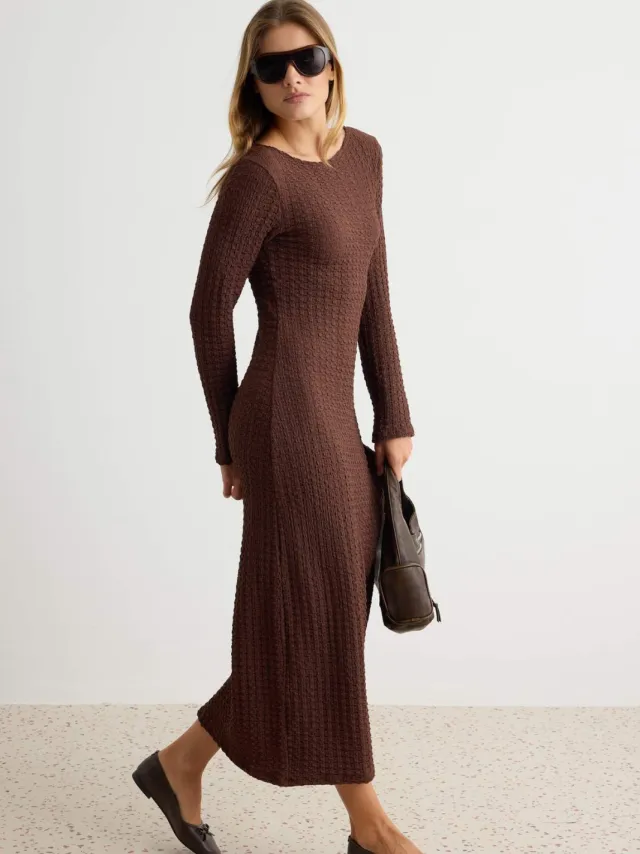 Trendyol TRENDYOLMİLLA Dames Bruin Effen Maxi Lang Casual Bodycon Jurken