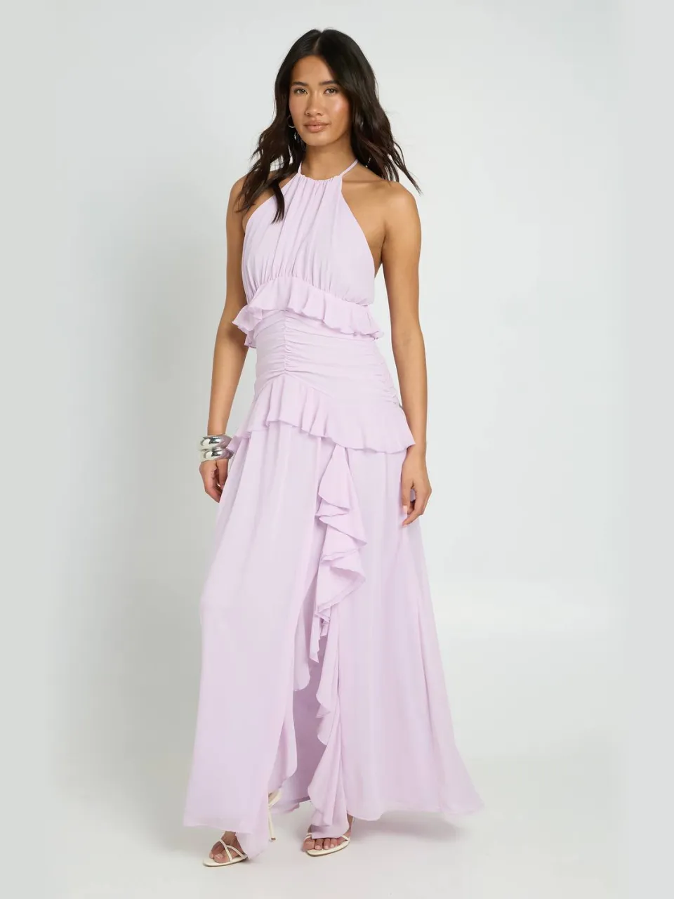 boohoo Dames Halternek Chiffon Maxi Jurk Met Ruche Details lila, foto 3
