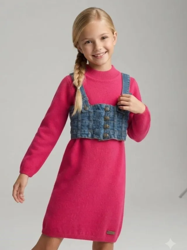 HILAL AKINCI KIDS Jurk van katoen en acryl voor jongeren Fuchsia