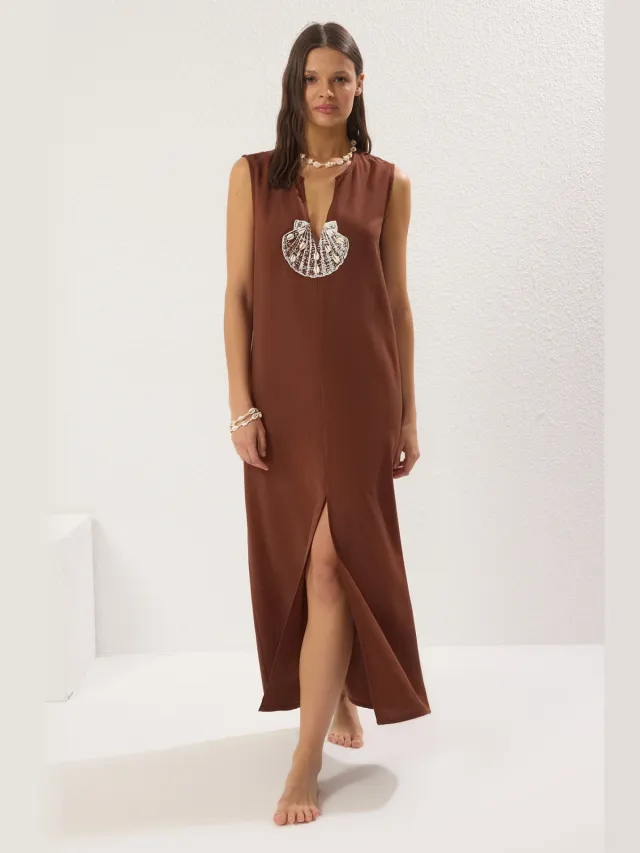 Trendyol TRENDYOLMİLLA Dames Bruin Effen Maxi Mouwloos Strandkleding Recht Strandjurken