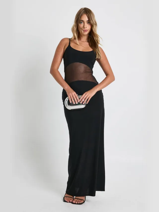 boohoo Dames Mesh Doorschijnende Drop-Taille Maxi Jurk Zwart