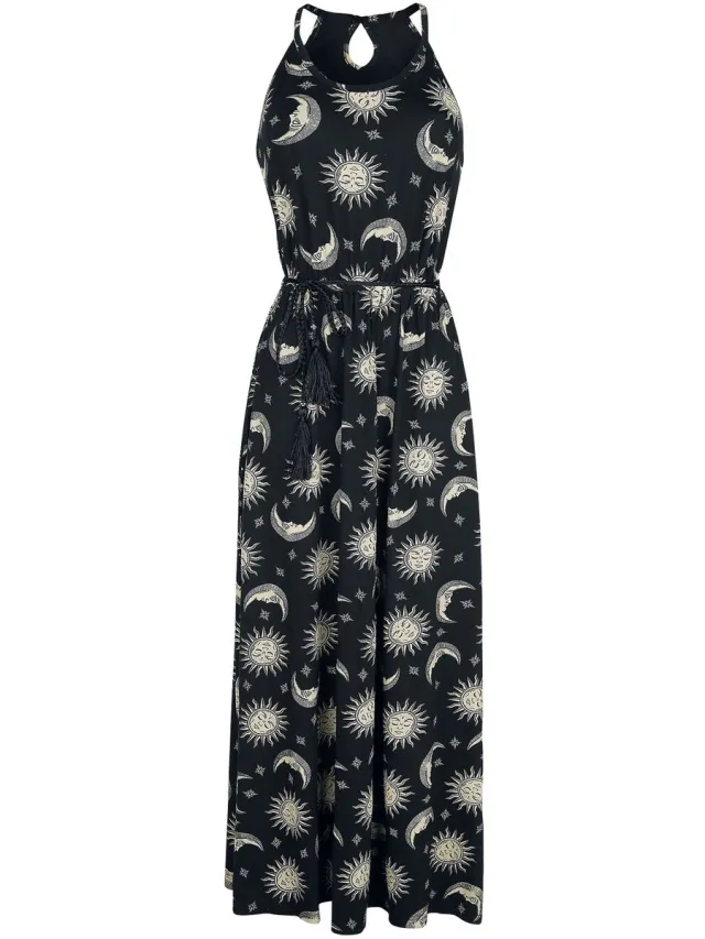 Gothicana Zwarte maxi jurk met zon, maan en sterren - Dames