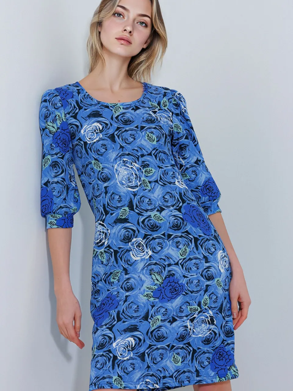 Big Dart Geborduurd Bloemen Midi-jurk met Driekwart Mouwen lichtblauw, foto 2