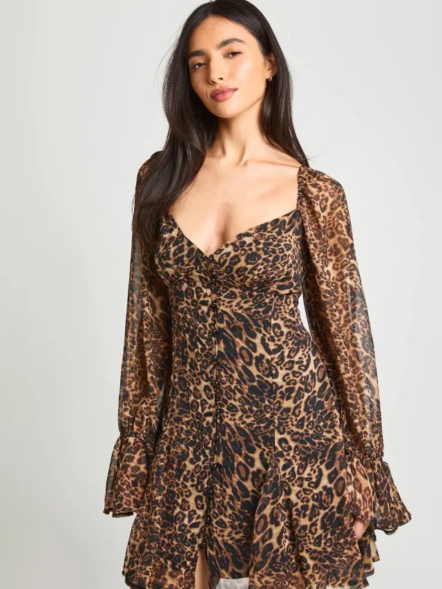 boohoo Dames Gestructureerde Chiffon Luipaardprint Godet Zoom Mini Jurk