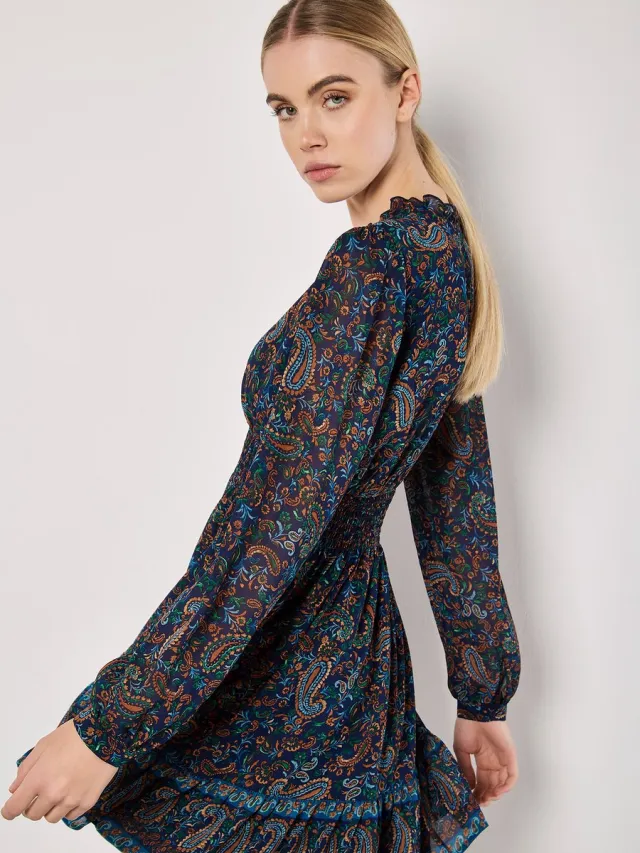 Apricot Mini-jurk met ruches en paisleyprint Marine