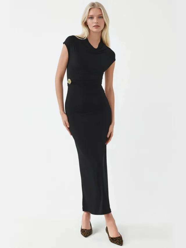 Busem Midi-jurk met stenen accessoire Zwart