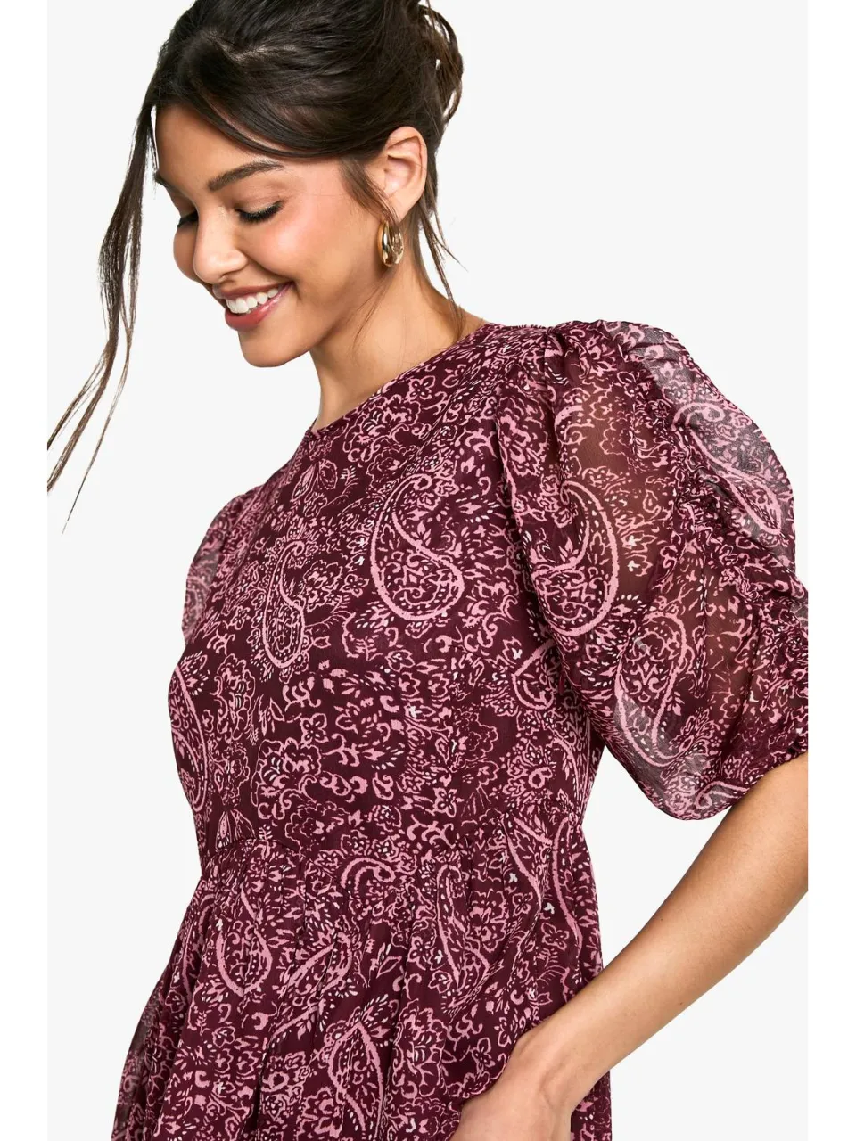 boohoo Dames Paisley geraffelde mouw minisjurk pruim, foto 3