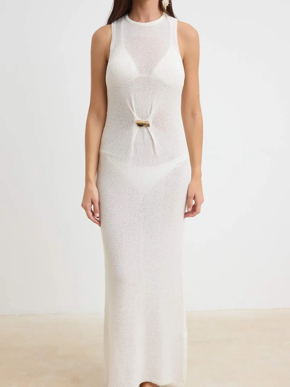 Trendyol TRENDYOLMİLLA Dames Ecru Ajour Maxi Mouwloos Strandkleding Recht Jurken, foto 2
